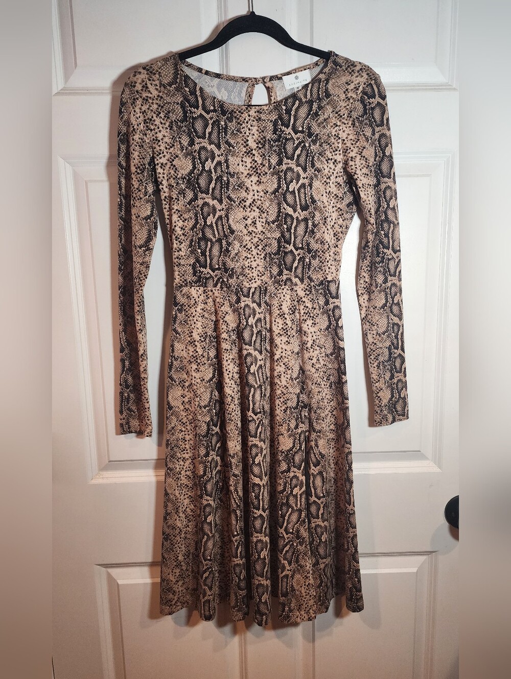 Socialite Stretchy Python Snake Print Long Sleeve Slit Fit And Flare Dress XS